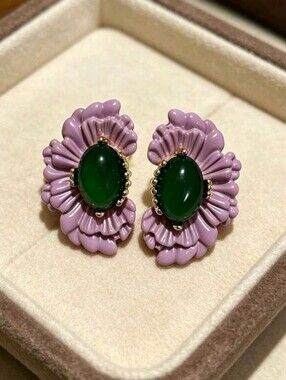NEW! Classy Elegant Floral Purple & Green Stone Enamel Gold Accent Post Earrings
